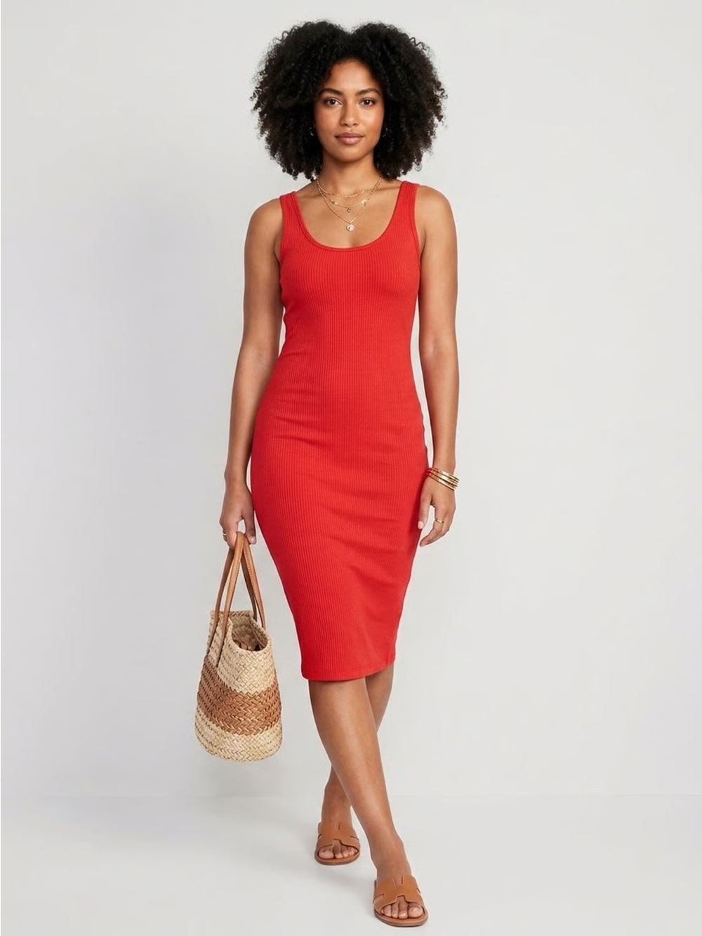FOREVER 21 | Red Ribbed Midi Tank Dress Sz L